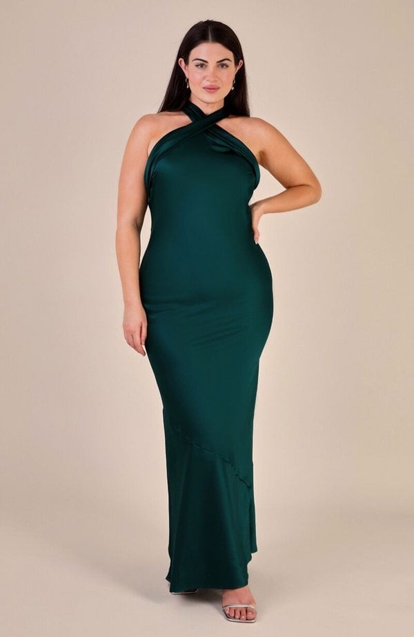 Rewritten London Roma Dress in Forest Green Satin