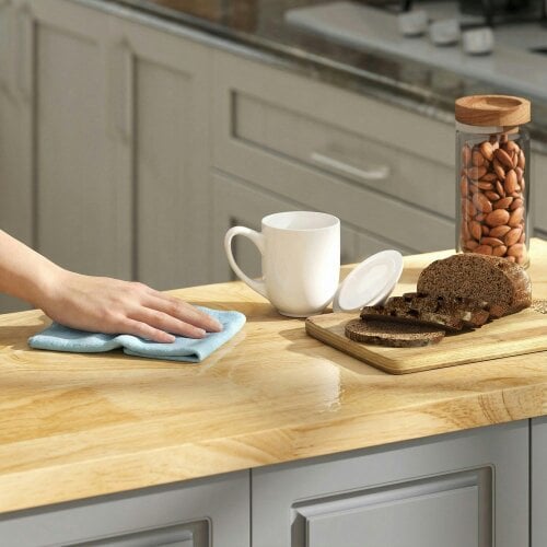 Wyld Haus Norado Grey and Natural Wooden Rolling Kitchen Island With Drop Leaf Drawer Towel And Spice Racks