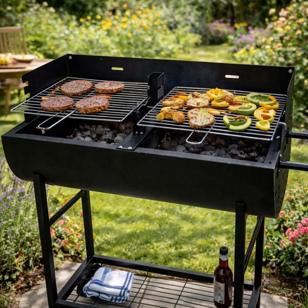 Gr8 Garden Charcoal BBQ Grill Half Barrel Dual Zone Garden Trolley Barbecue Adjustable Height Outdoor Cooker