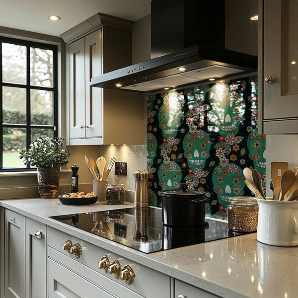 Benjamin Tate Design Embroidery Colorful Simplified Ethnic Flowers And Skull Pattern Splash Back