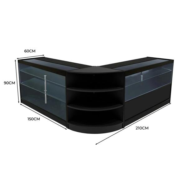Black Calliope LED shop counter set featuring sleek glass displays, curved edges, and ample storage space, dimensions 210cm x 150cm x 90cm