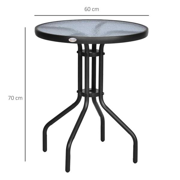 Black round bistro coffee table with tempered glass top, 60 cm diameter, metal tripod base.