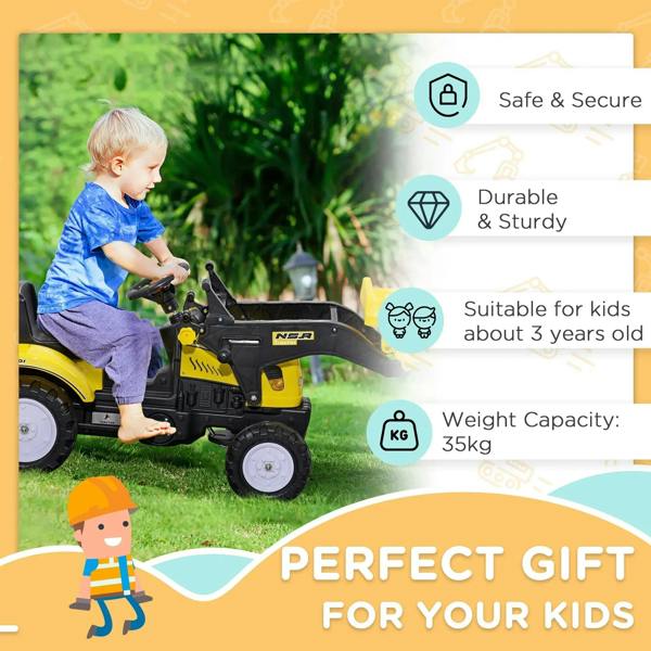 Yellow ride-on excavator go-kart with child, front loader bucket and large wheels