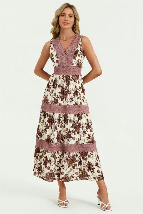 FS Collection Floral Print Lace Detail Maxi Dress In Off White