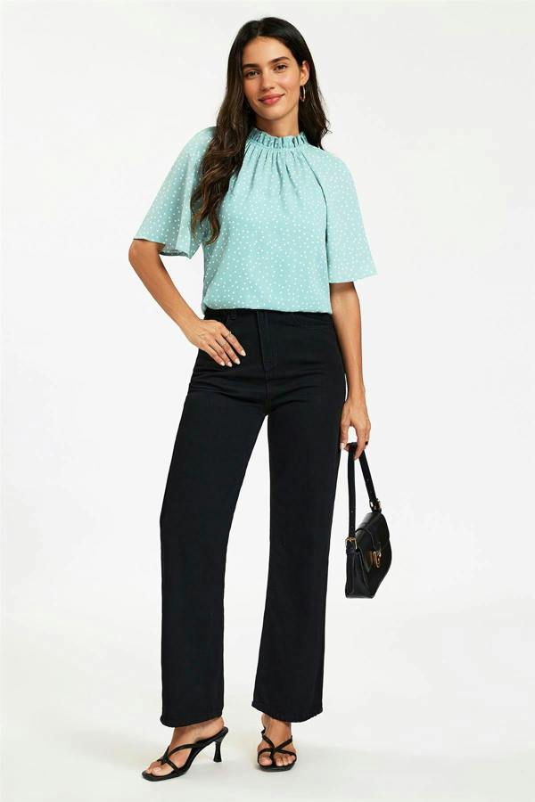 FS Collection Dot Print Short Sleeve Frill High Neck Top In Blue