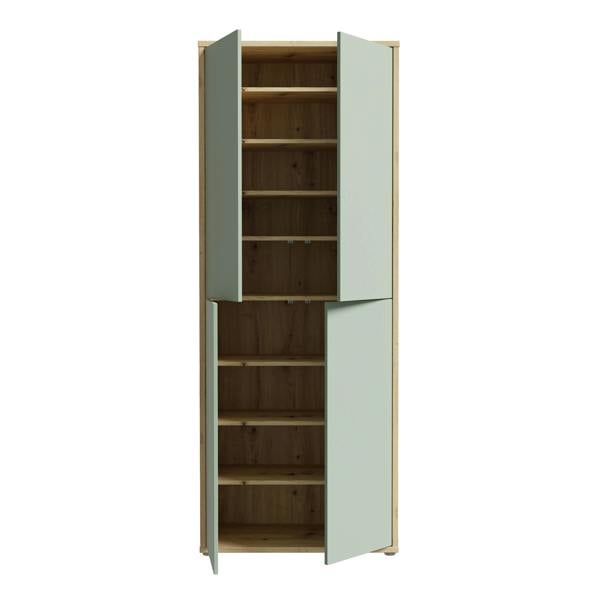 Furniture To Go Alice Springs Shoe Cabinet with 4 Doors Push-to-Open in Artisan Oak and Sage Green Doors