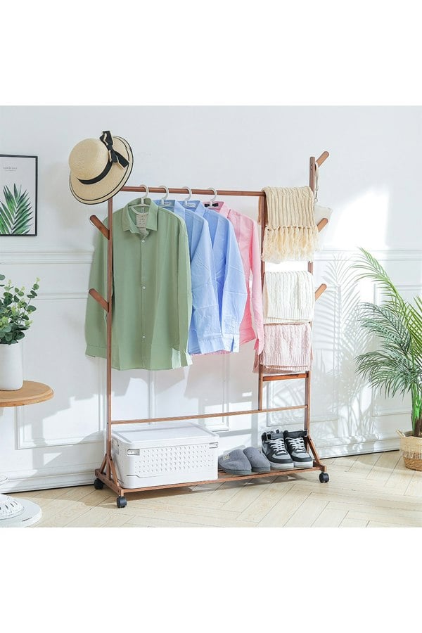 Living and Home Bamboo Clothes Rack with Bottom Shelf
