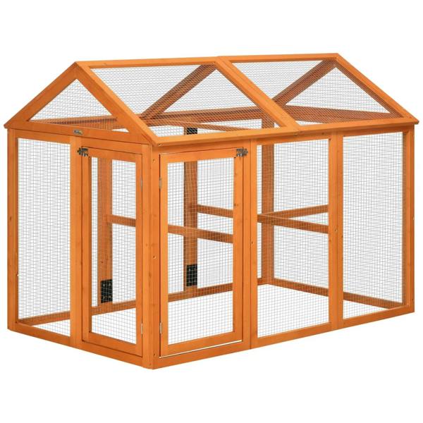 Large orange wooden chicken run with mesh panels and a sloped wire roof