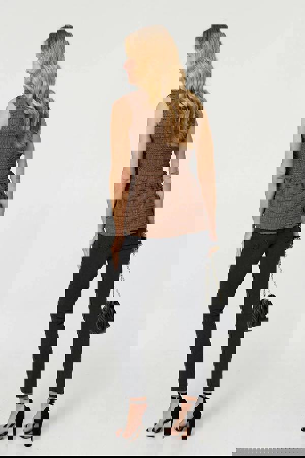 Brown | Ruffled Sleeveless Peplum Top