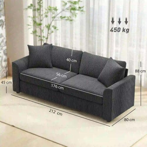Bobobiy Modern 3 Seater Sofa with Spring Cushion, 212 cm Fabric Jumbo Cord Sofa Couch with 2 Scatter Cushions, Upholstered Corduroy Settee, Grey