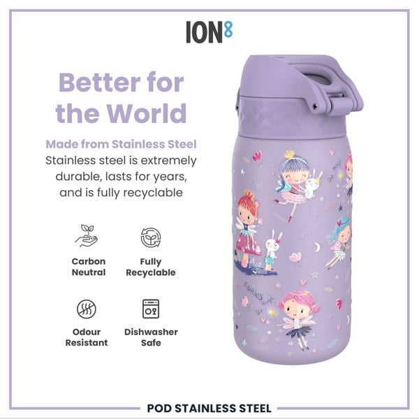 A purple stainless steel water bottle, featuring a fairy design, sits against a white background. It is advertised as durable, recyclable, odour-resistant, and dishwasher-safe. "Better for the World" and "Fairies Do Magic" are also visible.