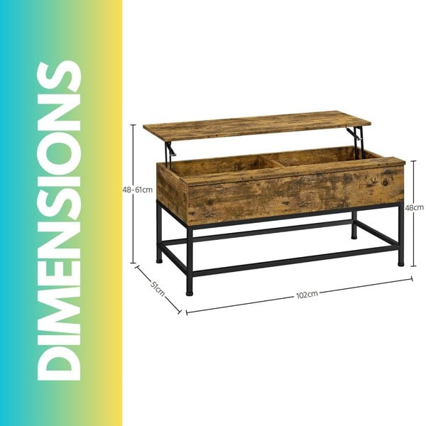Rafaelo Mobilia Industrial Lift Top Coffee Table With Hidden Storage Rustic Brown