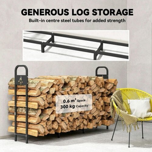 Bobobiy 6.5 FT Steel Firewood Log Rack with 300 kg Capacity, Heavy Duty Fireplace Wood Storage Shelf, Black