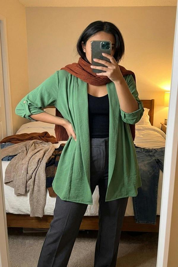 Vivian Open Front Roll Up Sleeve Cardigan - Green