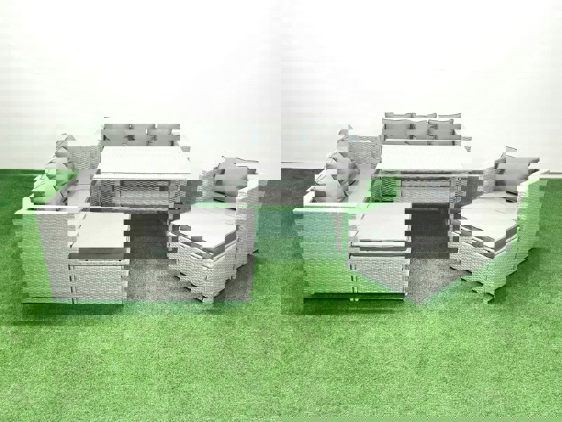 Fimous 7 Pieces Outdoor Rattan Sofa Set with Cushions Patio Garden Furniture Sets with Armchair Dining Table 2 Big Footstools