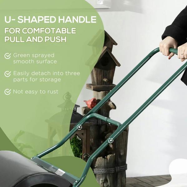 U-shaped green handle on black steel lawn roller for comfortable push and pull