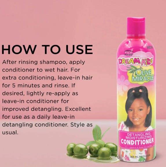 Instant detangling and conditioning with African Pride Olive Miracle Dream Kids Detangling Moisturizing Conditioner .