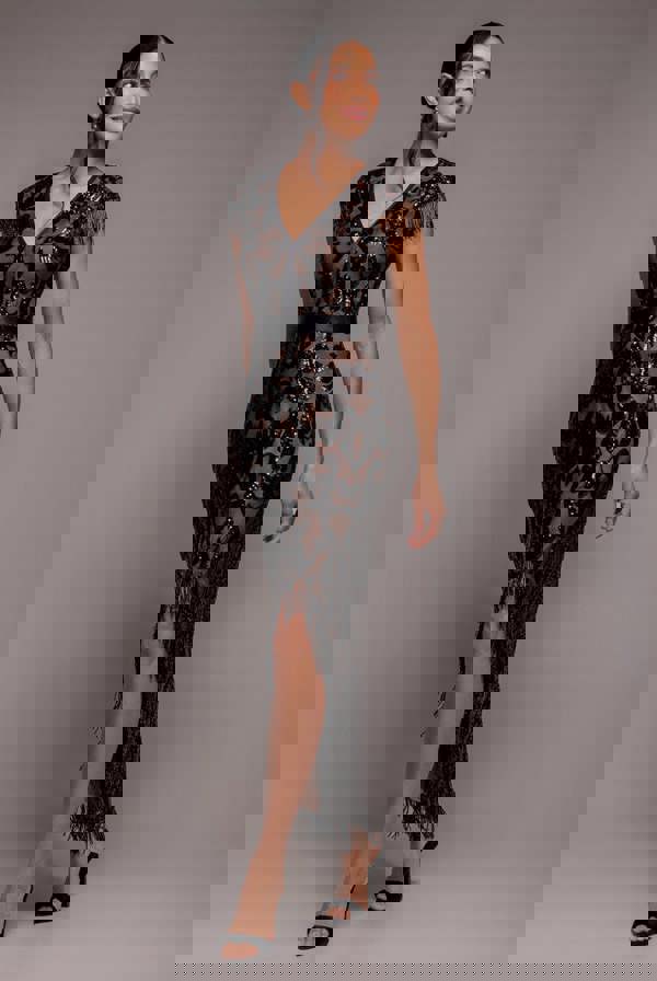 Embroidered Sequin Tassel Front Split Midaxi Dress - Black DR4590