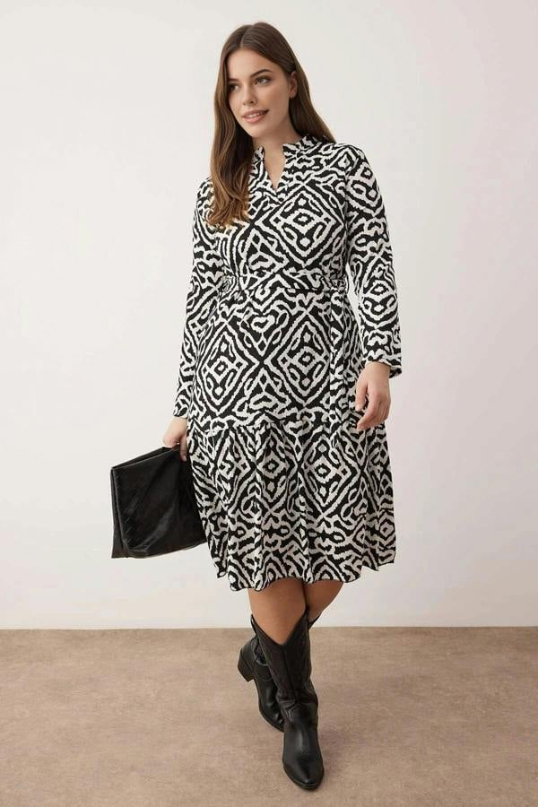 WOVCOR Polo Collar Crinkle Knit Plus Size Dress