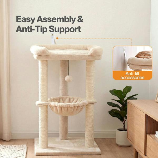 Skylos Cat Tree Tower Bed with Hammock Ball Scratching Post Large Perch Beige