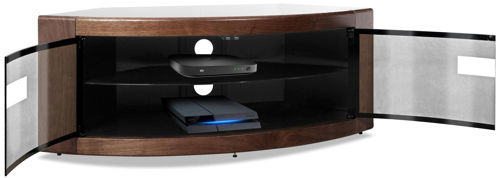 Homeology PANGEA Black with Walnut Veneer Beam-Thru Glass Door Curved Unit Tru-Corner 32"-50" TV Cabinet
