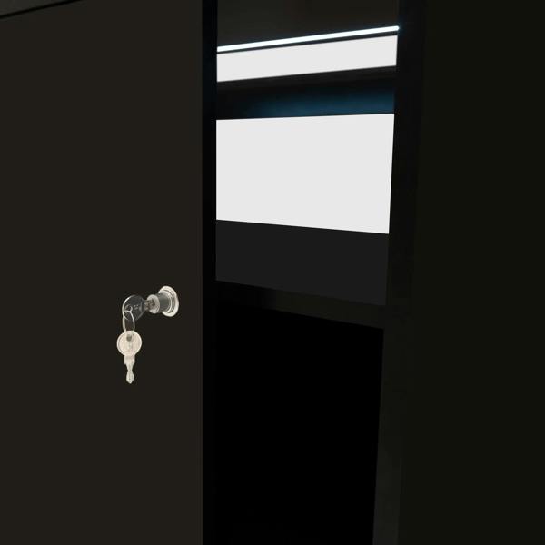 Sleek black LED retail shop counter B1500 featuring a secure lock, illuminated display area, and modern design elements