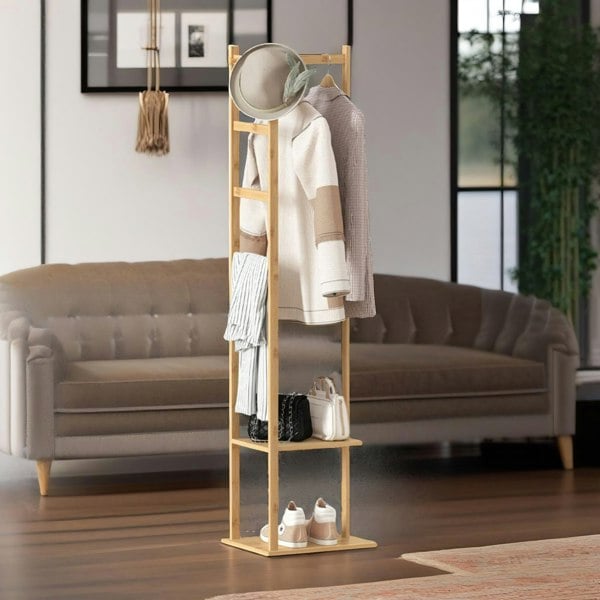 Rafaelo Mobilia Narrow Bamboo Clothes Rail With 2 Shelves