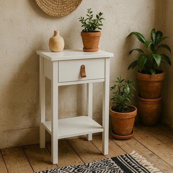 Wyld Haus Wildberry Matt White Wooden Bedside Table with 1 Drawer Bottom Shelf Leather Handles