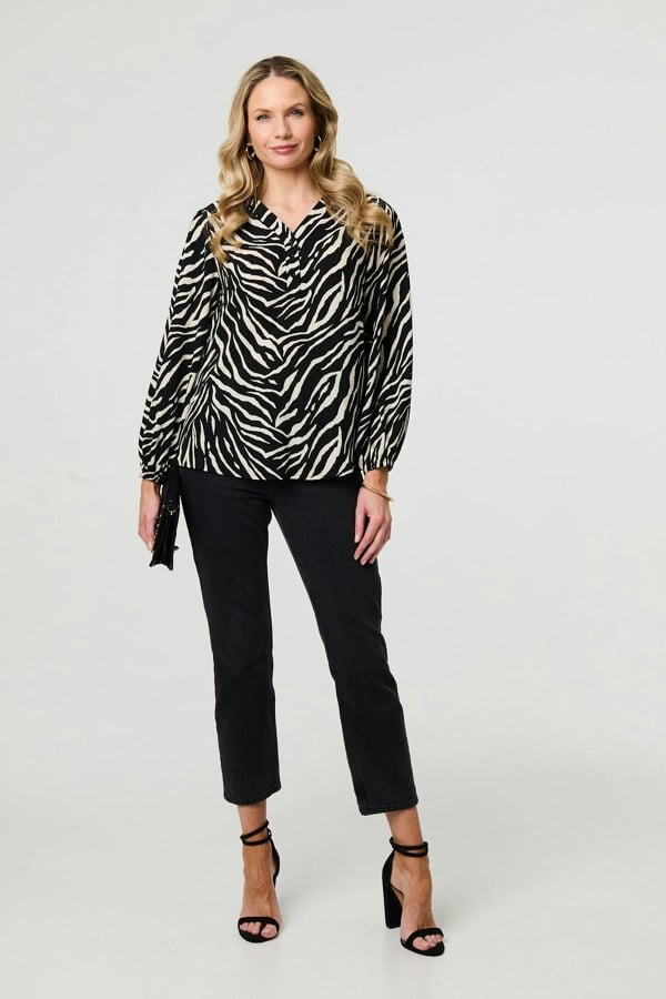 Black | Zebra Print V-Neck Long Sleeve Blouse
