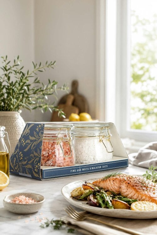 Kimm and Miller La Cucina Pink and White Himalayan Salt Glass Jar Gift Set