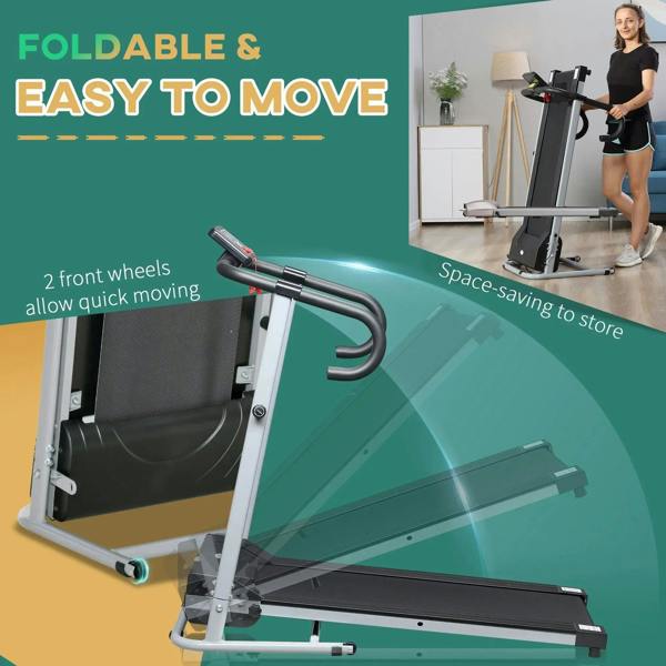 Folding treadmill with wheels, grey belt deck and side rails, compact folded design