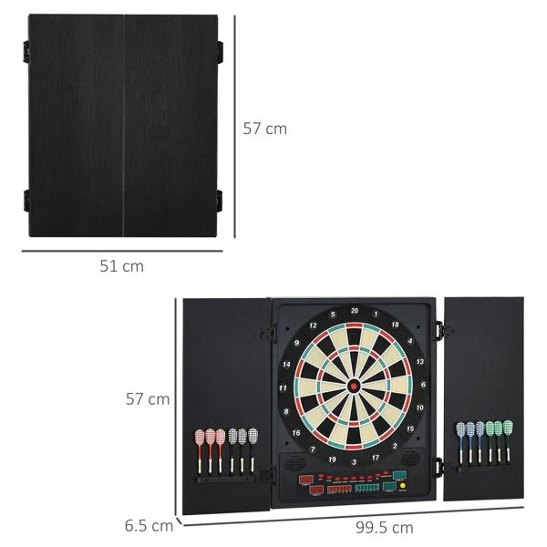 Black electronic dartboard cabinet with front target and side panels, shown with measurements