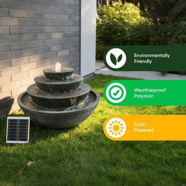 Gardenwize Solar Water Feature – Tiered Stacked Bowl Fountain with LED Lights & Battery Backup