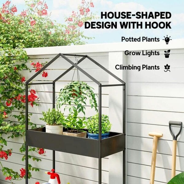 Bobobiy 2 Tier Plant Stand, Outdoor Indoor Metal Plant Stand with Hook, House-Shaped Pots Holder Display Rack, Black