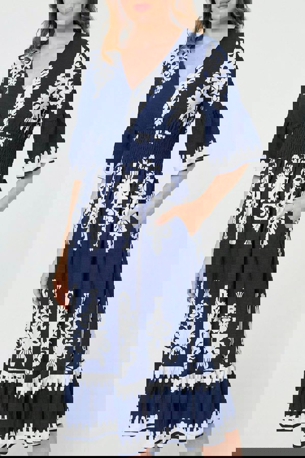 Navy | Ikat Print 1/2 Flared Sleeve Midi Dress