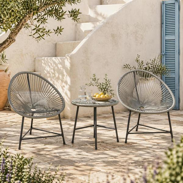 Wyld Haus Nibaco Rattan Rope Grey 3 Piece Outdoor Garden Bistro Set With Glass Top Table