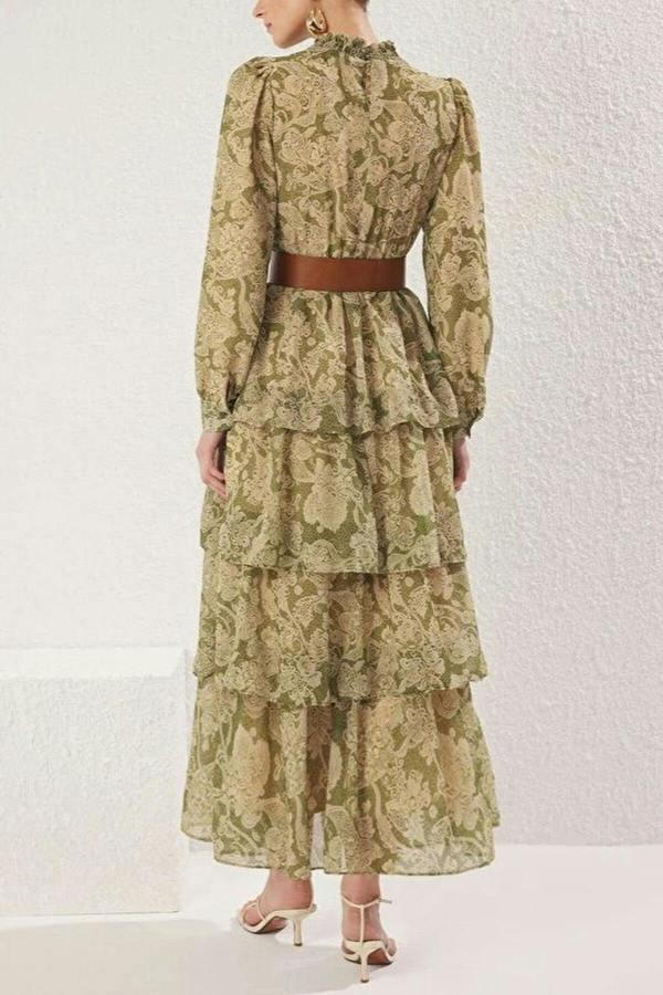 WOVCOR Stand Collar Patterned Lined Chiffon Woven Dress with Belt