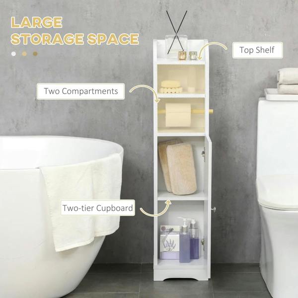 White tall bathroom cabinet with two-tier open shelves and a lower door