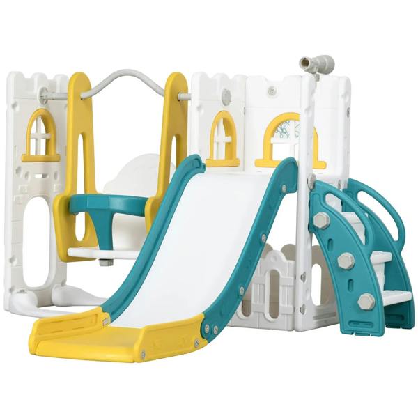 Kids swing and slide playground set, yellow with teal slide and swing frame