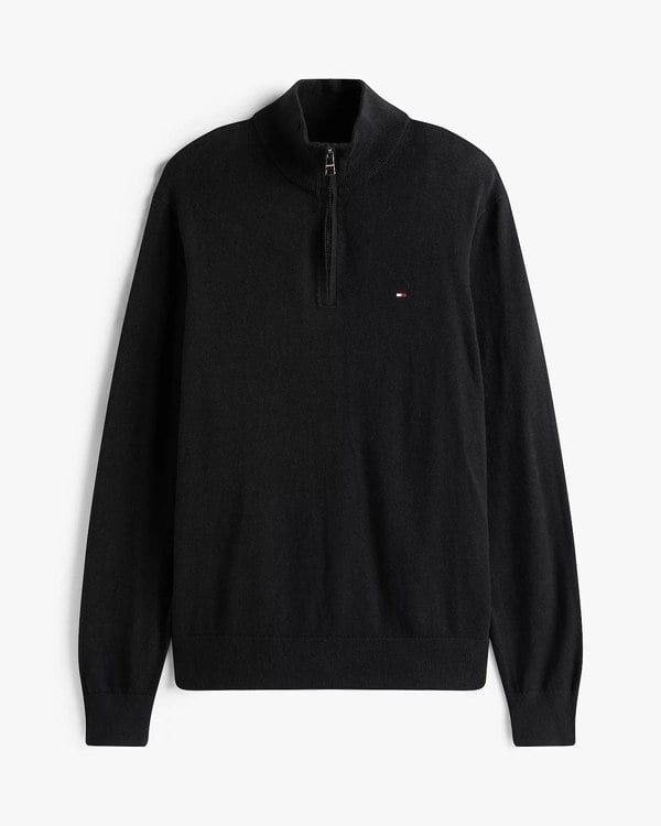 Tommy Hilfiger Organic Cotton Cashmere Mens Zip-Mock Sweater - Black