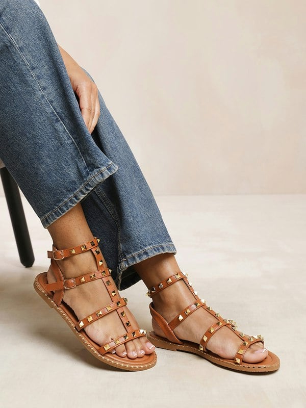 Where's That From Lissy Studded Gladiator Flat Sandals In Tan Faux Leather