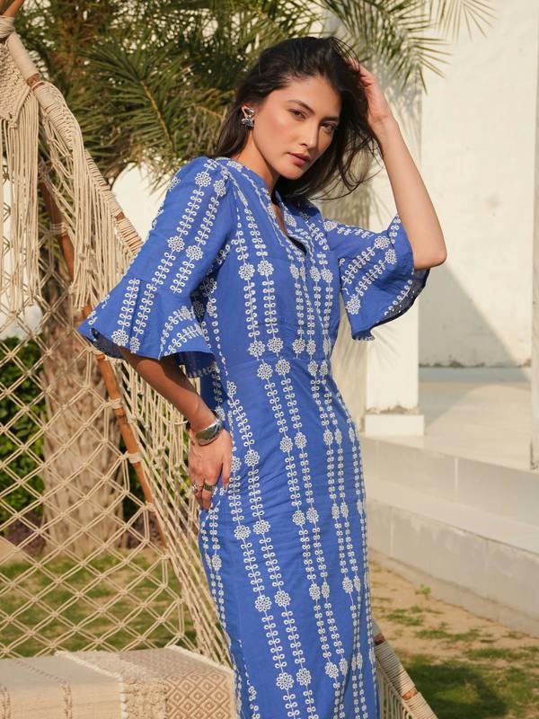 Rose & Nancy Cat Blue Cotton Broderie Midi Dress