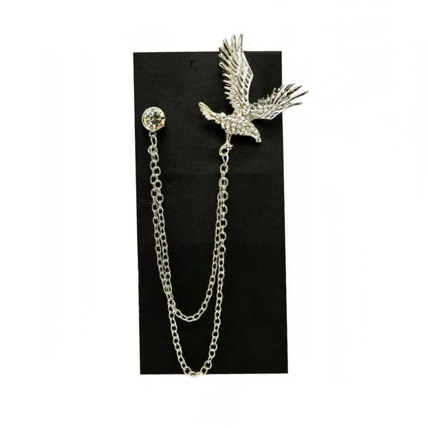 Silver eagle brooch chain lapel pin by PAMONI, featuring a detailed eagle design on a sleek lapel pin for formal accessories.