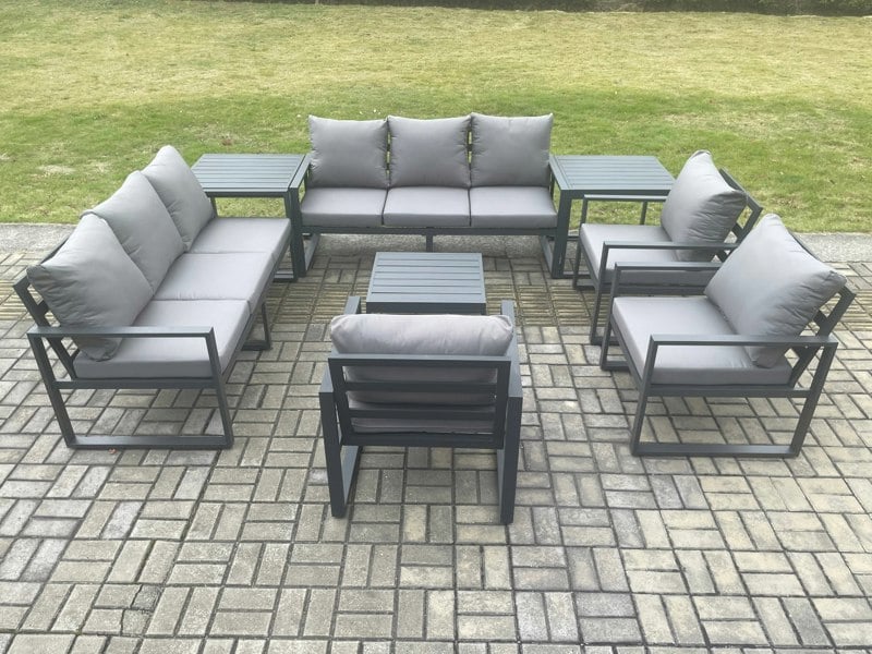 Fimous Aluminium Outdoor Garden Furniture Set Patio Lounge Sofa with Square Coffee Table 3 Armchairs 2 Side Tables Dark Grey