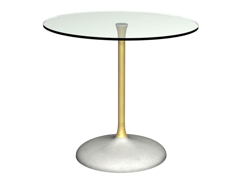 Circular Dining Table - Clear Glass Top, Brass Column & Concrete Base by Gillmore British Design © GillmoreSPACE Ltd