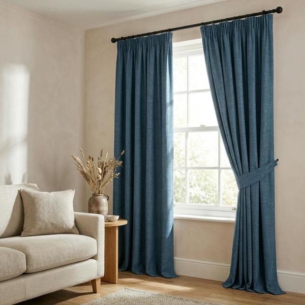 Kent made-to-measure curtains in Peacock, styled in a living room