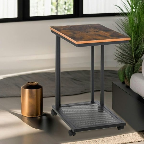 Rafaelo Mobilia Industrial C Shaped Side Table With Mesh Shelf & Wheels