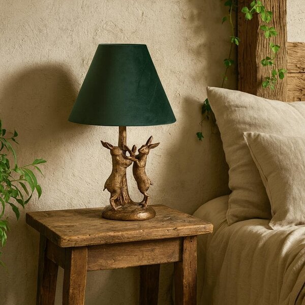 Wyld Haus Sault Antique Gold Marching Hares Lamp With Green Velvet Shade