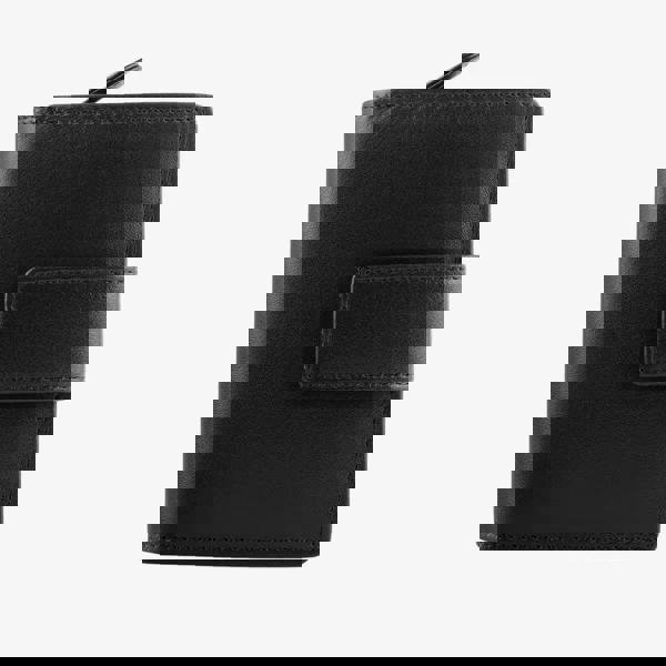 Soft black leather trifold purse with secure tab fastening – front view