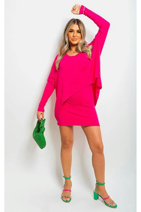 Joanna Oversized Long Sleeve Asymmetric Mini Dress - Fuschia